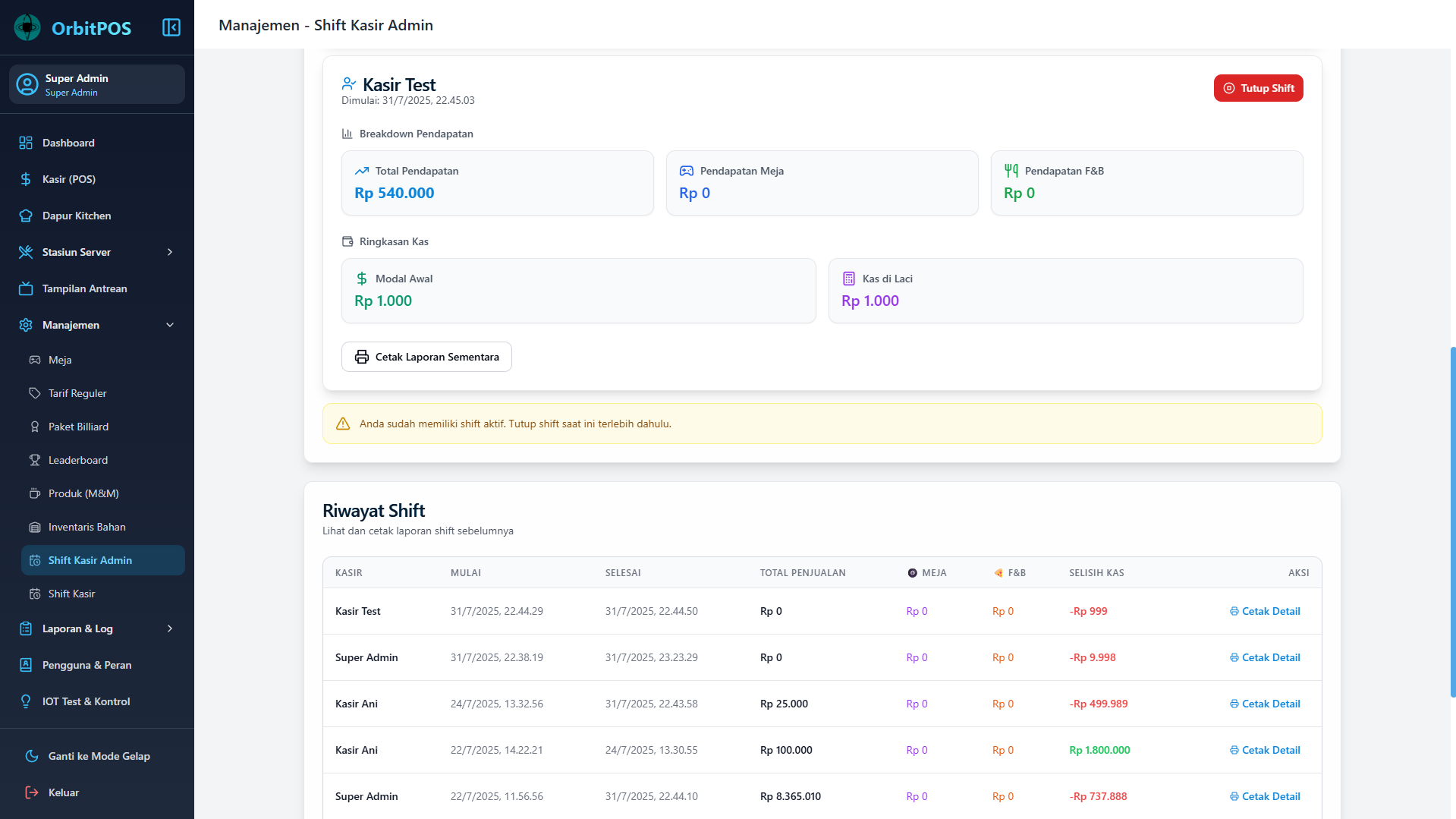 Shift Management Interface